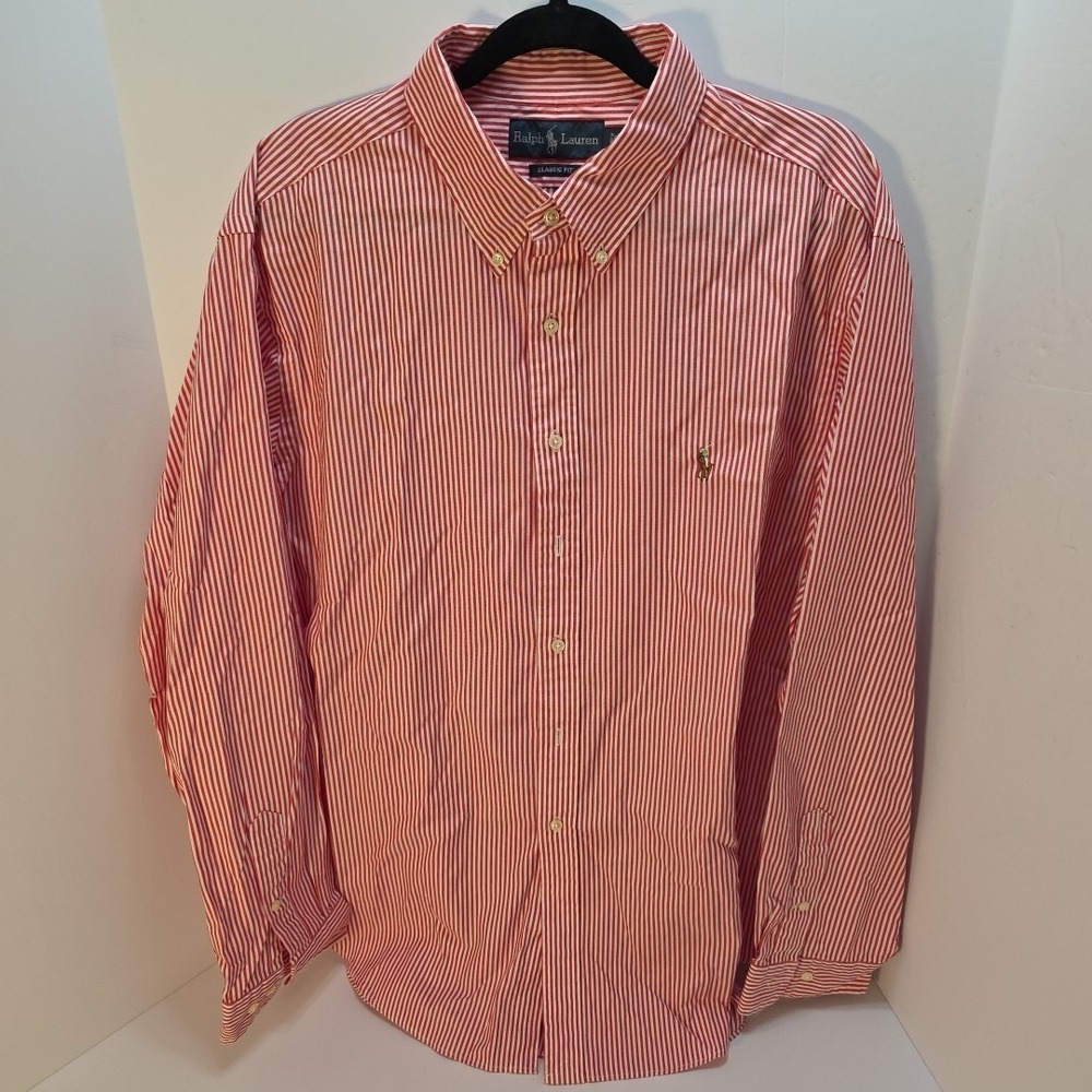RALPH LAUREN Shirt Men's‎ 18 36/37 Red White Stripe Cotton Preppy Classic